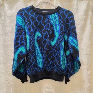 Vintage Celebration Abstract Geometric Knit Sweater Blue Green Black Women Large